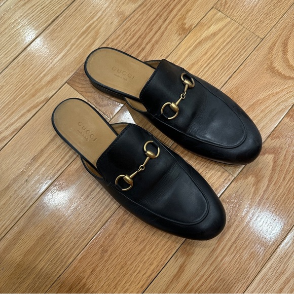 Gucci Princetown Black Leather Loafers Mules Size 35.5 - Picture 1 of 6